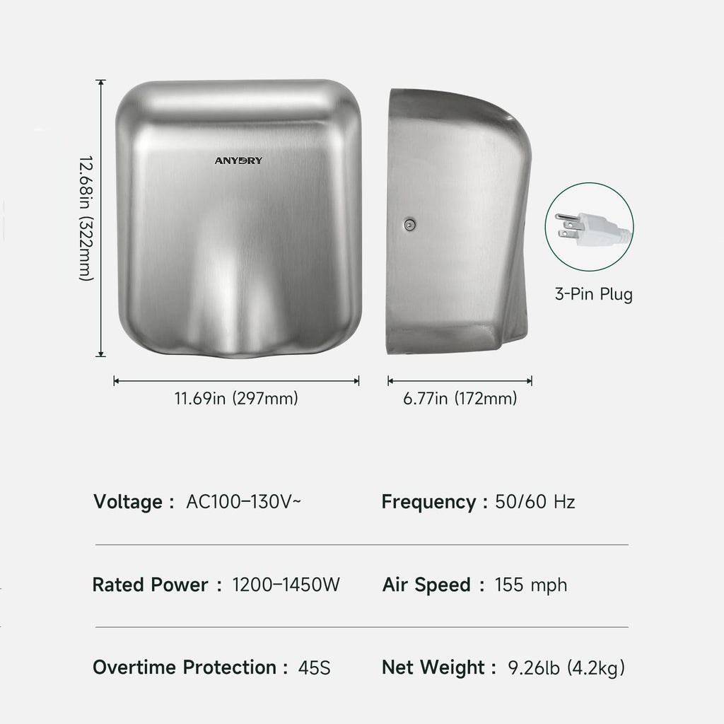 ANYDRY IronStorm Electric Hand Dryers for Bathrooms Commercial HEPA Filter High-Speed Brushed Stainless Steel Cover AC100–130V,Model AD2815