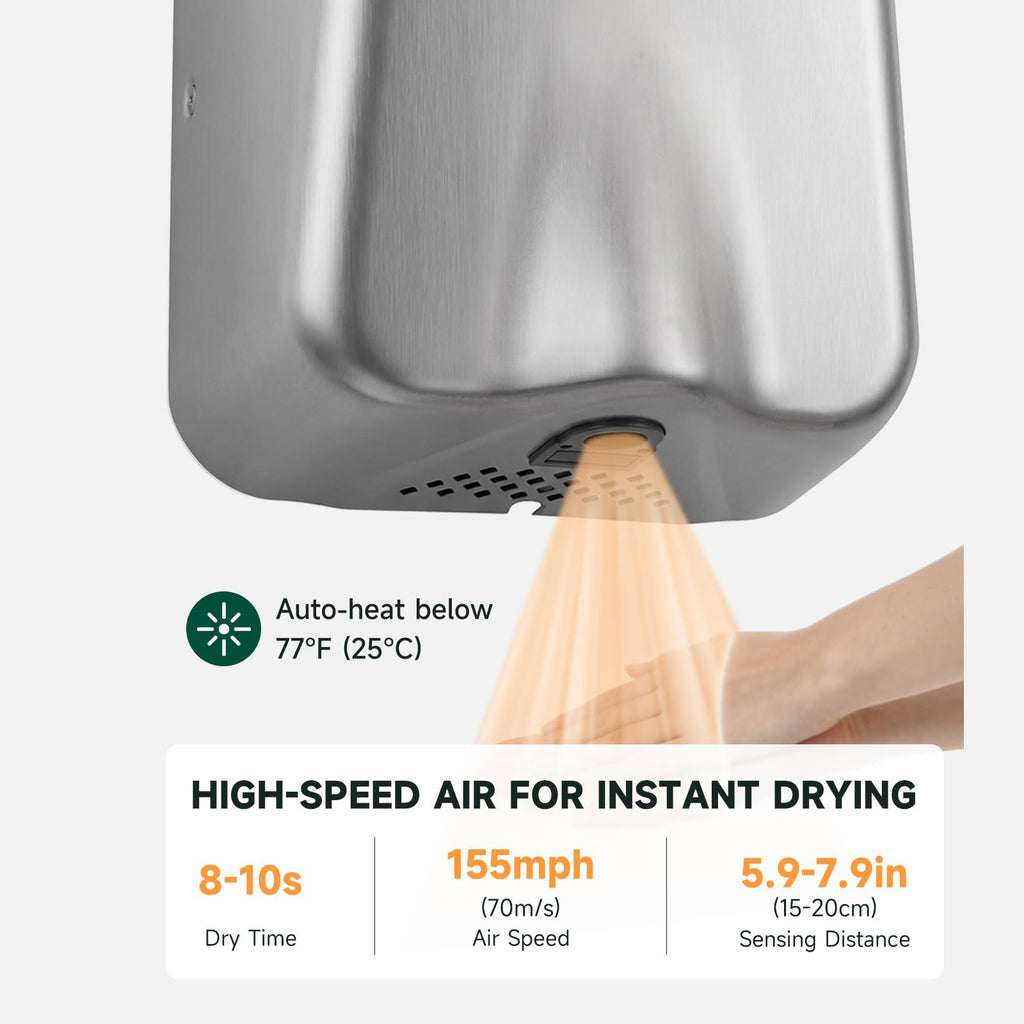 ANYDRY IronStorm Electric Hand Dryers for Bathrooms Commercial HEPA Filter High-Speed Brushed Stainless Steel Cover AC100–130V,Model AD2815