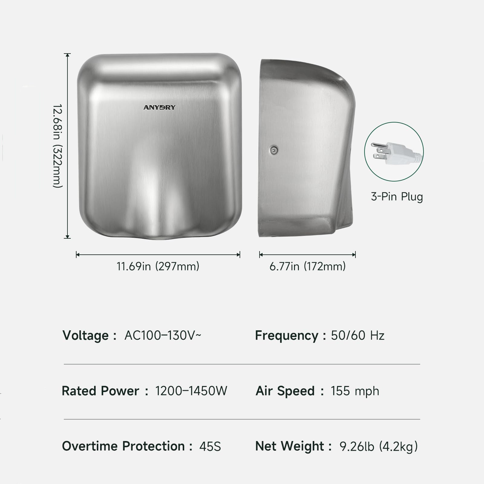 ANYDRY IronStorm Electric Hand Dryers for Bathrooms Commercial HEPA Filter High-Speed Brushed Stainless Steel Cover AC100–130V,Model AD2815